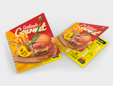 Cardápio Wire-o com 4 Páginas em PVC 0,3mm Verniz Total Frente e Verso 14,4x14,4cm - 4x4 - 5 unid